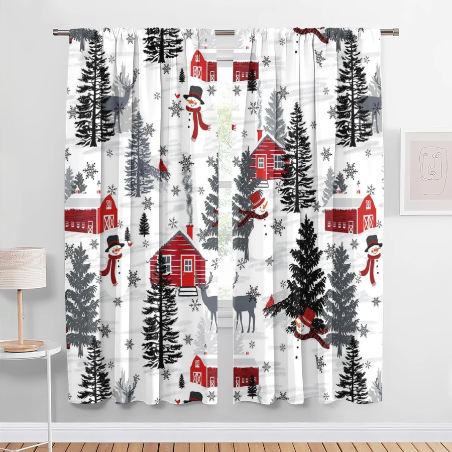 2PCS Digital Print Christmas Curtains, Red Cabin Snowman Reindeer Forest, Nordic Rustic Window Drapes for Holiday Home Decor