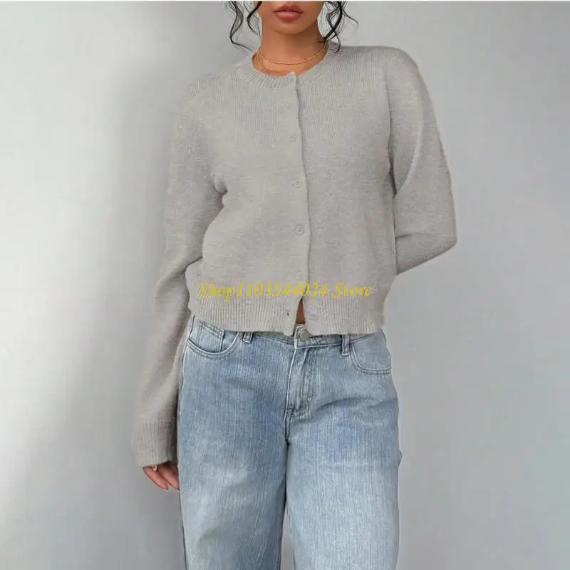 

N5KE Women's button-down long-sleeved round neck cropped cardigan sweater knitted clothing