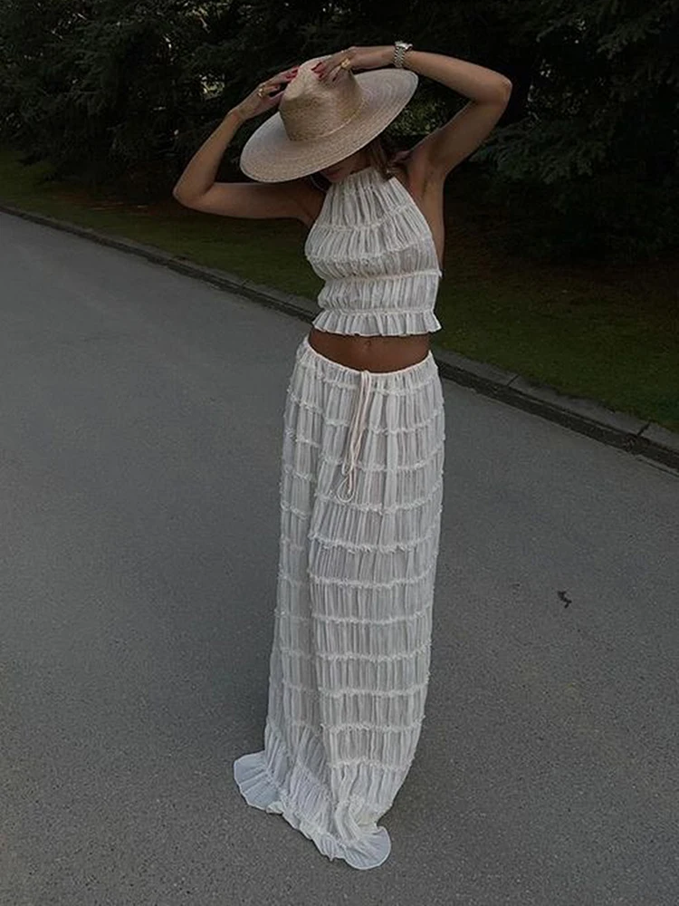 

Nibber Summer Fashion Ruched 2 Piece Set Women Sexy Hottie Halter Backless Bandages Tank Top+Long Skirt Stretch Party Clubwear