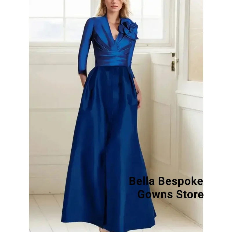 Fashions Elegant A-line Prom Evening Gown Long Sleeve Satin V Neck Floor Length Pleated Wedding Guest Dress 2025 Free Customized
