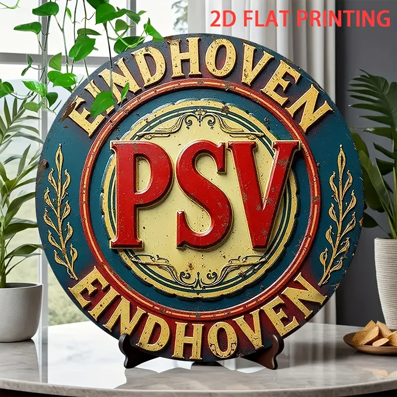 2D Flat, 1 Stück rundes Blechschild mit PSV-Handgewebe-Logo – 20,32 x 20,32 cm, Vintage-Stil, skandinavisches minimalistisches Design mit linker und rechter Pre-Dri