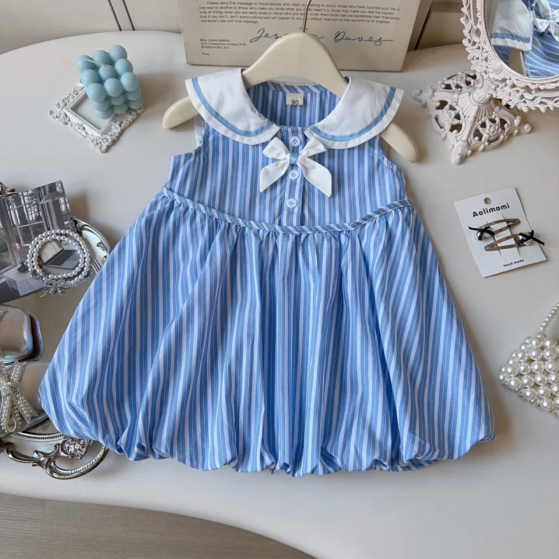 

Summer girls' dress2026Collared Bowknot Striped Sleeveless Dress for Baby Girls, Vest Dress, Wholesale