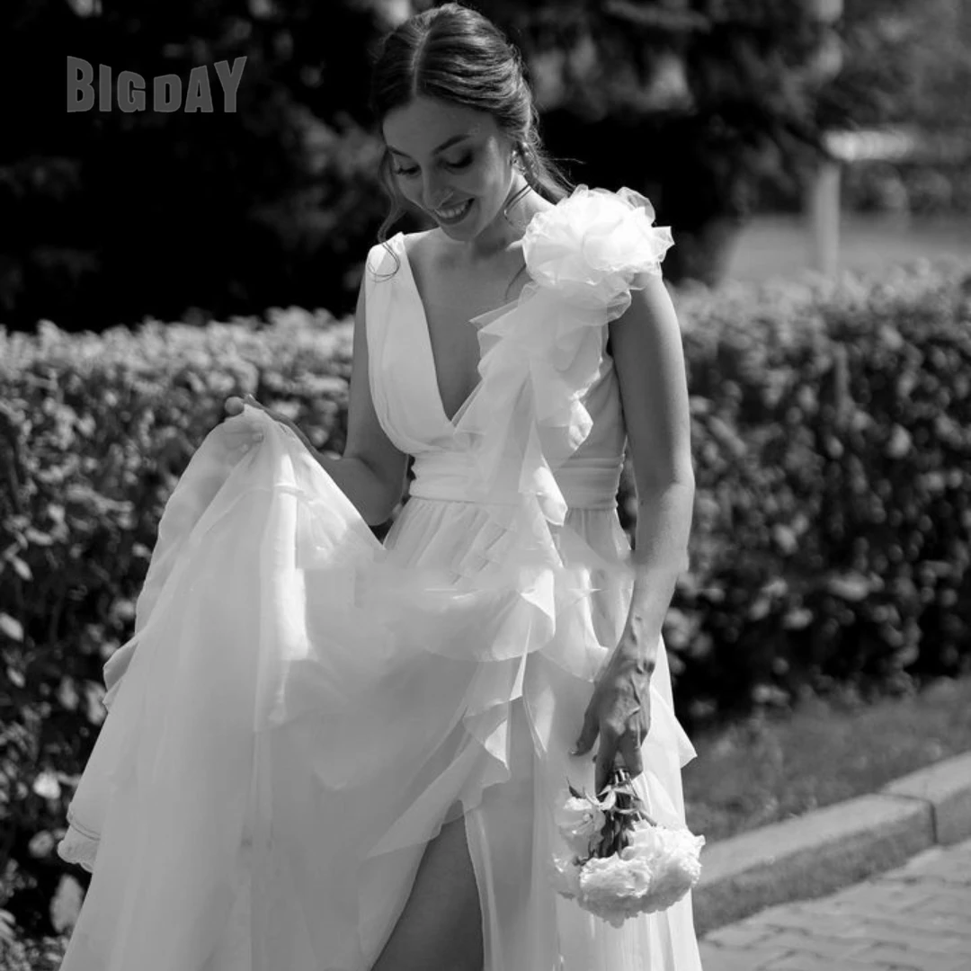 Exquisite Wedding Dress For Woman V-Neck A-Line Side Split Spaghetti Straps Sweep Train Bridal Gowns Vestido de Novia Customed