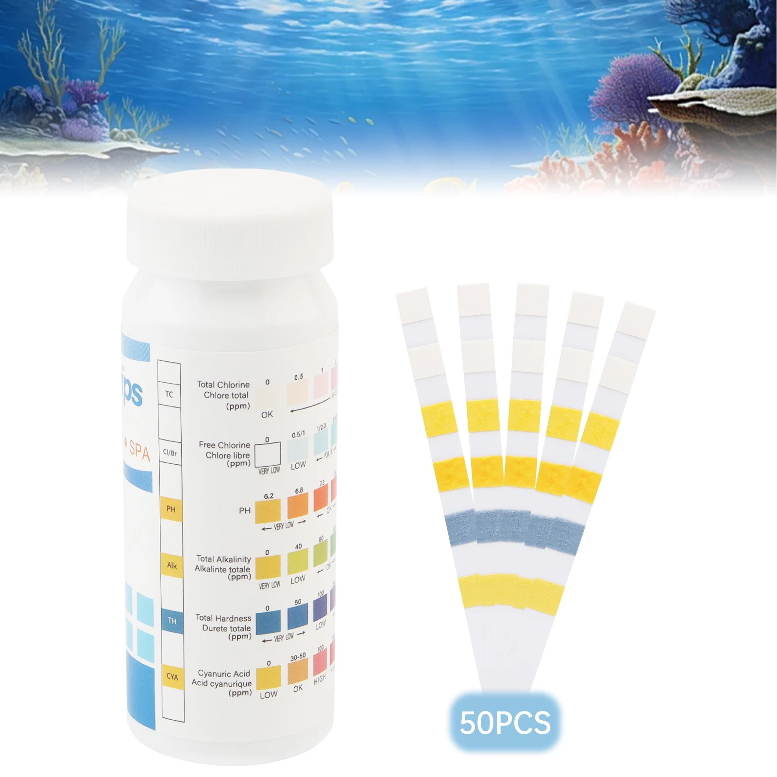 

50pcs 6 In 1 Water PH Test Strips Total Free Chlorine Alkalinity CYA Total Hardness Swimming Pool Spa Hot Tub Testing Strips Kit