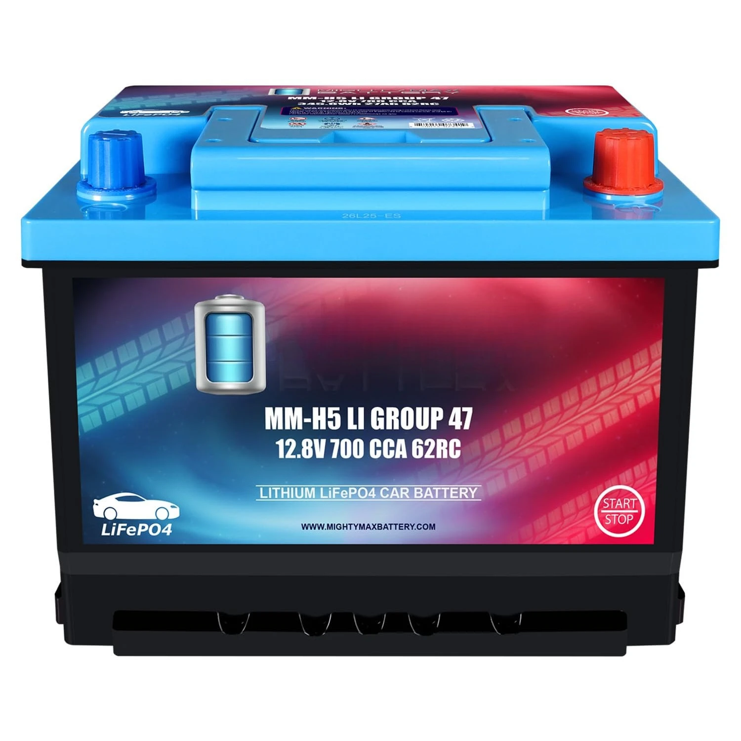 

MM-H5LI Lithium Car Battery LiFePO4 12.8V Automotive Start-Stop Compatible Replacement 700CCA 62 RC 27Ah Group 47, Custom