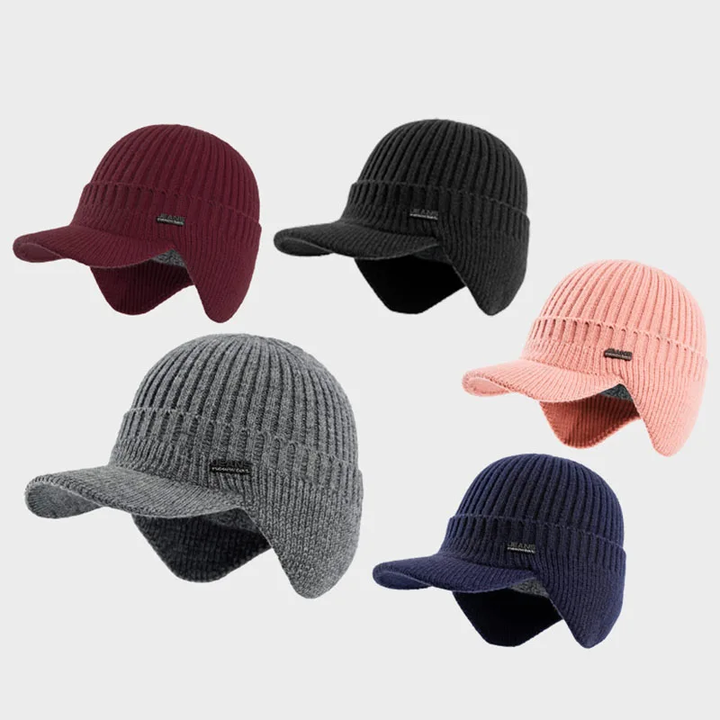 Men Winter Knitted Hat Outdoor Bicycle Windproof Ear Protection Peaked Cap Cotton Thick Plus Fleece Warm Baseball Cap