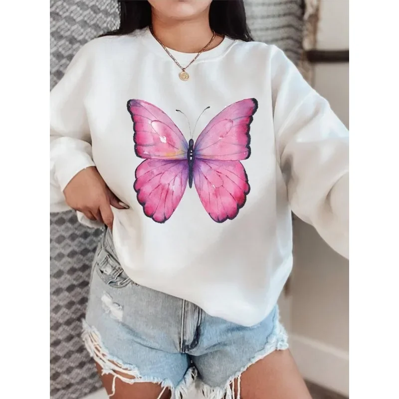 Women\'s Slim-fit Hoodie Fashion Print Instagram Butterfly Flower White Hoodie Sweatshirts  Streetwear Women  Tops