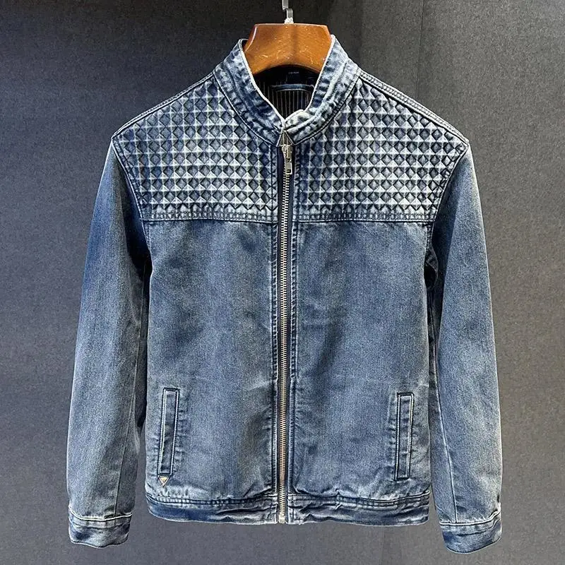 Starbags DSQ Denim jacket is a stylish, slim wash, worn, printed, inked blue and diamond-encrusted denim jacket for men