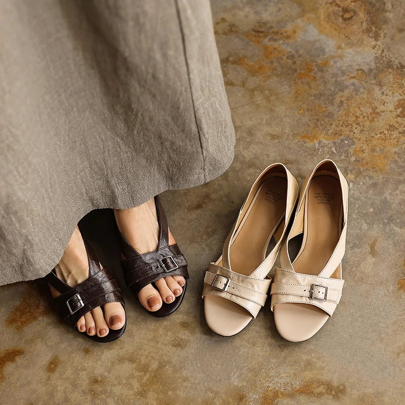 2026 new summer women sandals natural leather plus size 22-25cm sheepskin+cowhide+pigskin buckle mules hollow-out women slippers