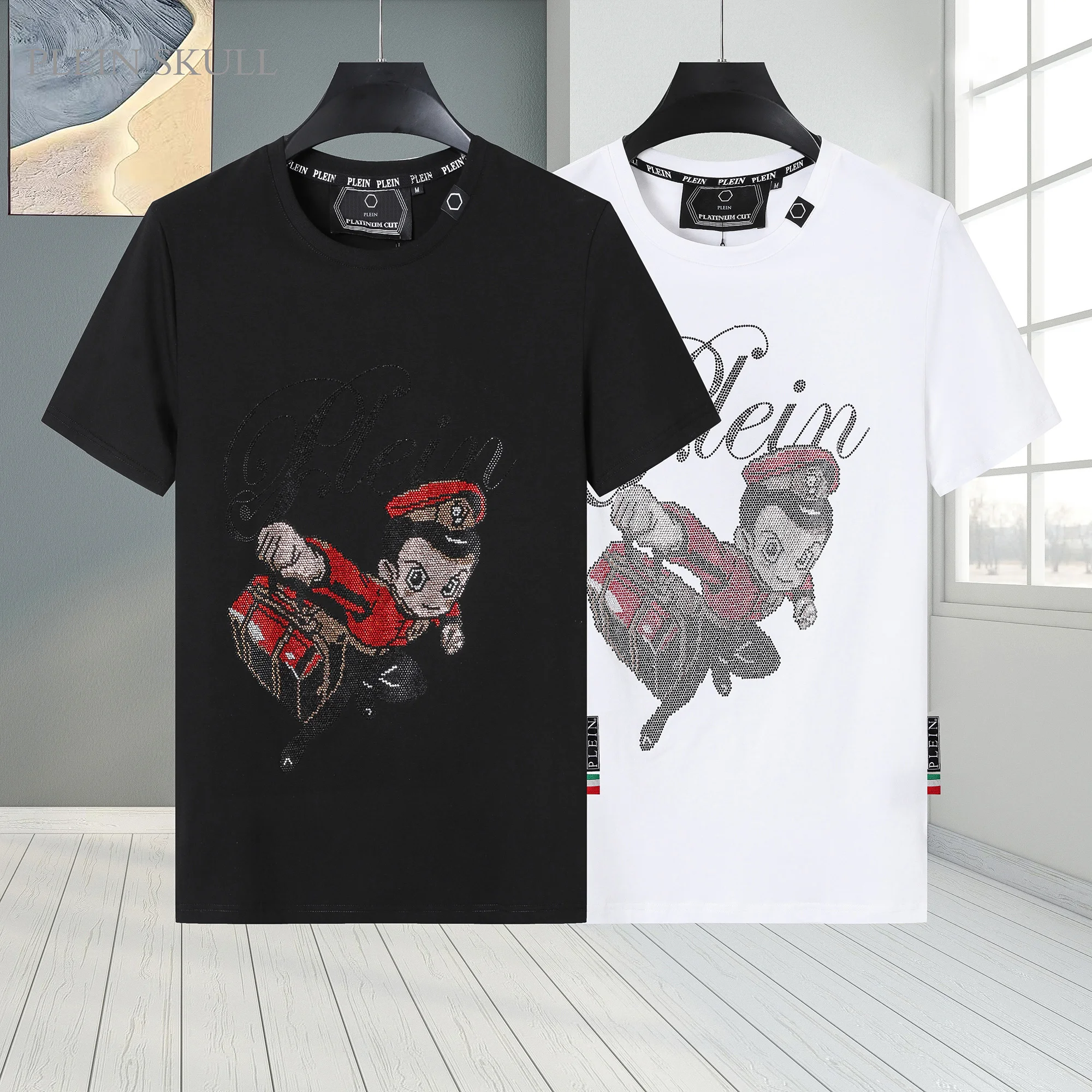 Stylish Black Astro Boy Rhinestone T Shirt for Men Short Sleeve Crew Neck Casual Streetwear Tee Summer Pure Cotton Tunk top