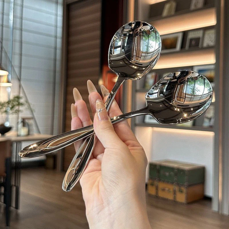 1Pc Stainless Steel Big Head Round Spoon Net Red Long Handle Stirring Dessert Spoons For Kitchen Serving Spoon Household Spoon