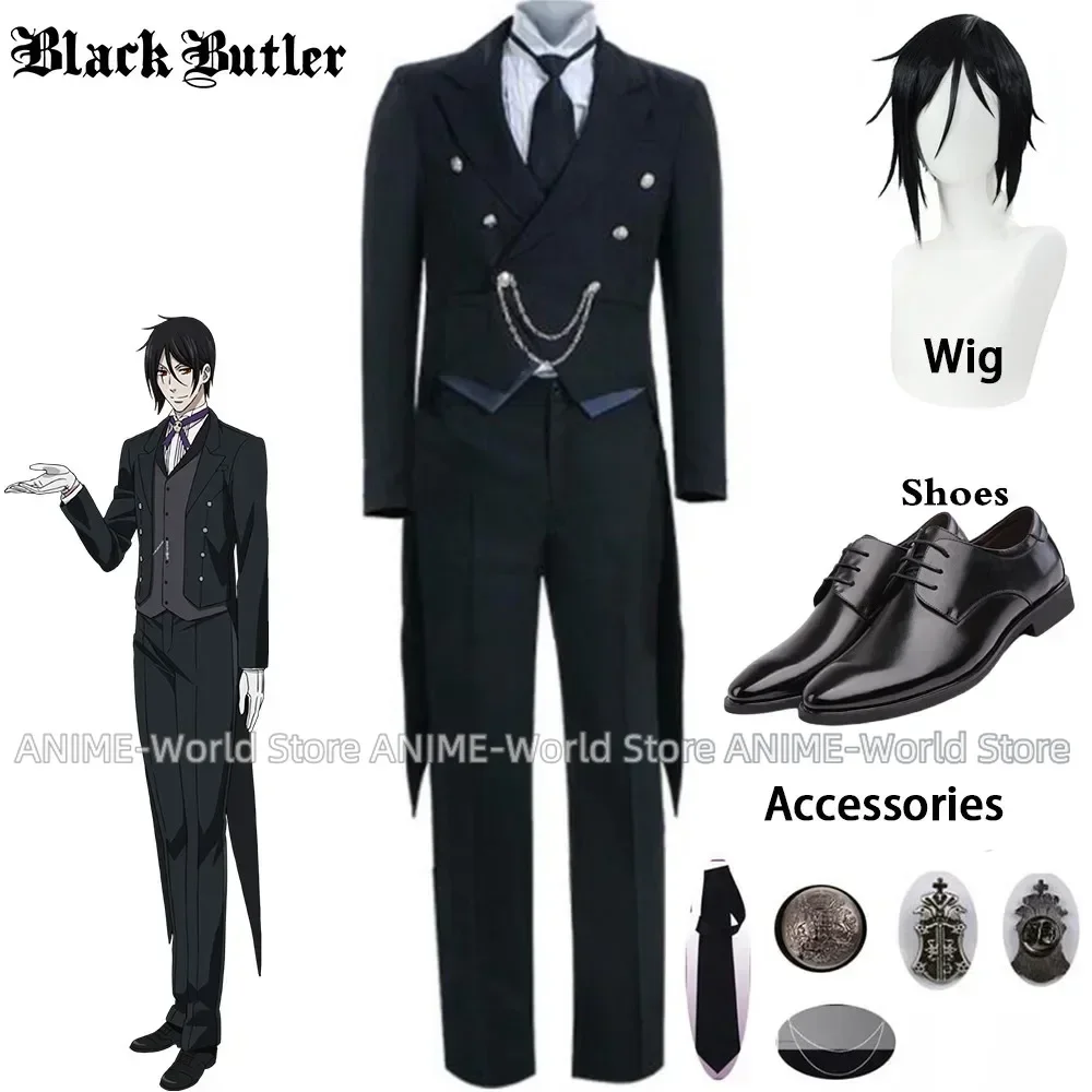 9PCS Anime Black Butler 2 Kuroshitsuji Sebastian Michaelis Cosplay Costume Unisex Uniform Halloween men women Cosplay Costume