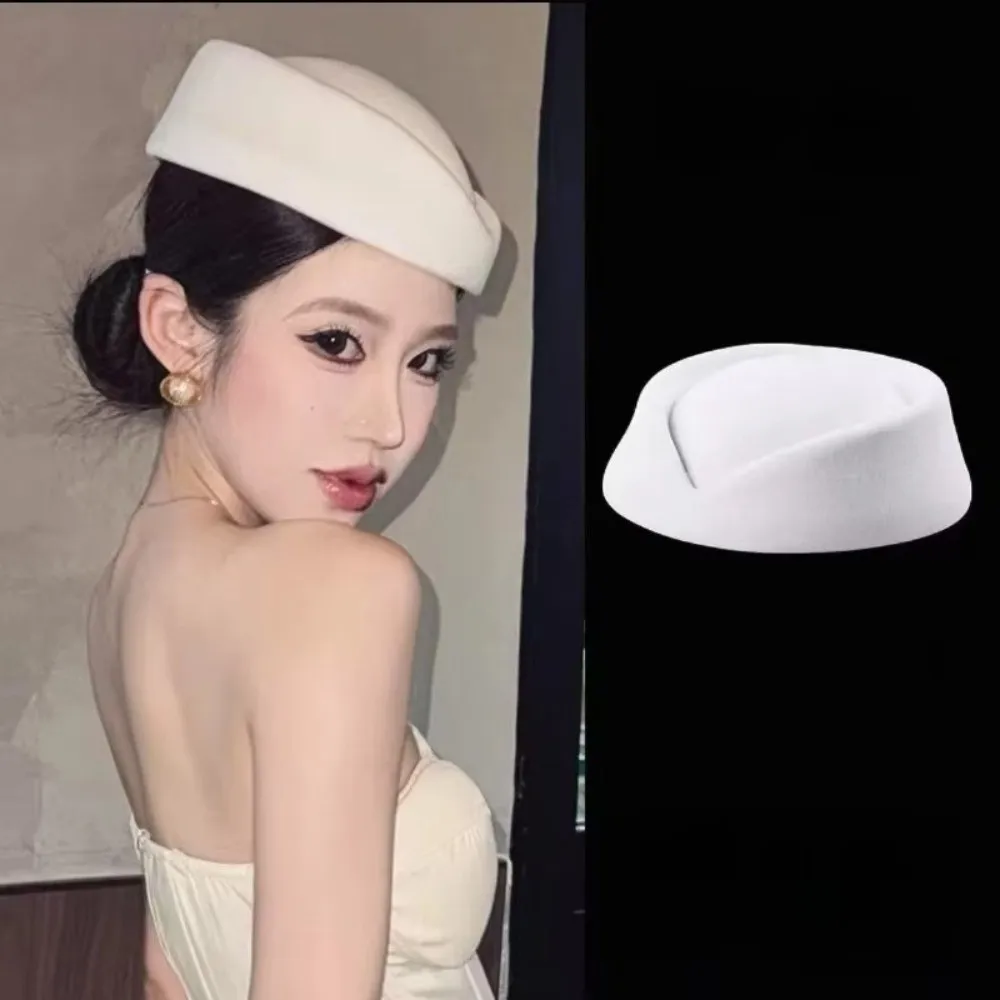 Fashion British Retro Top Hats Solid Formal Felt Beret Concave Top Flight Attendant Hat Cosplay Costume