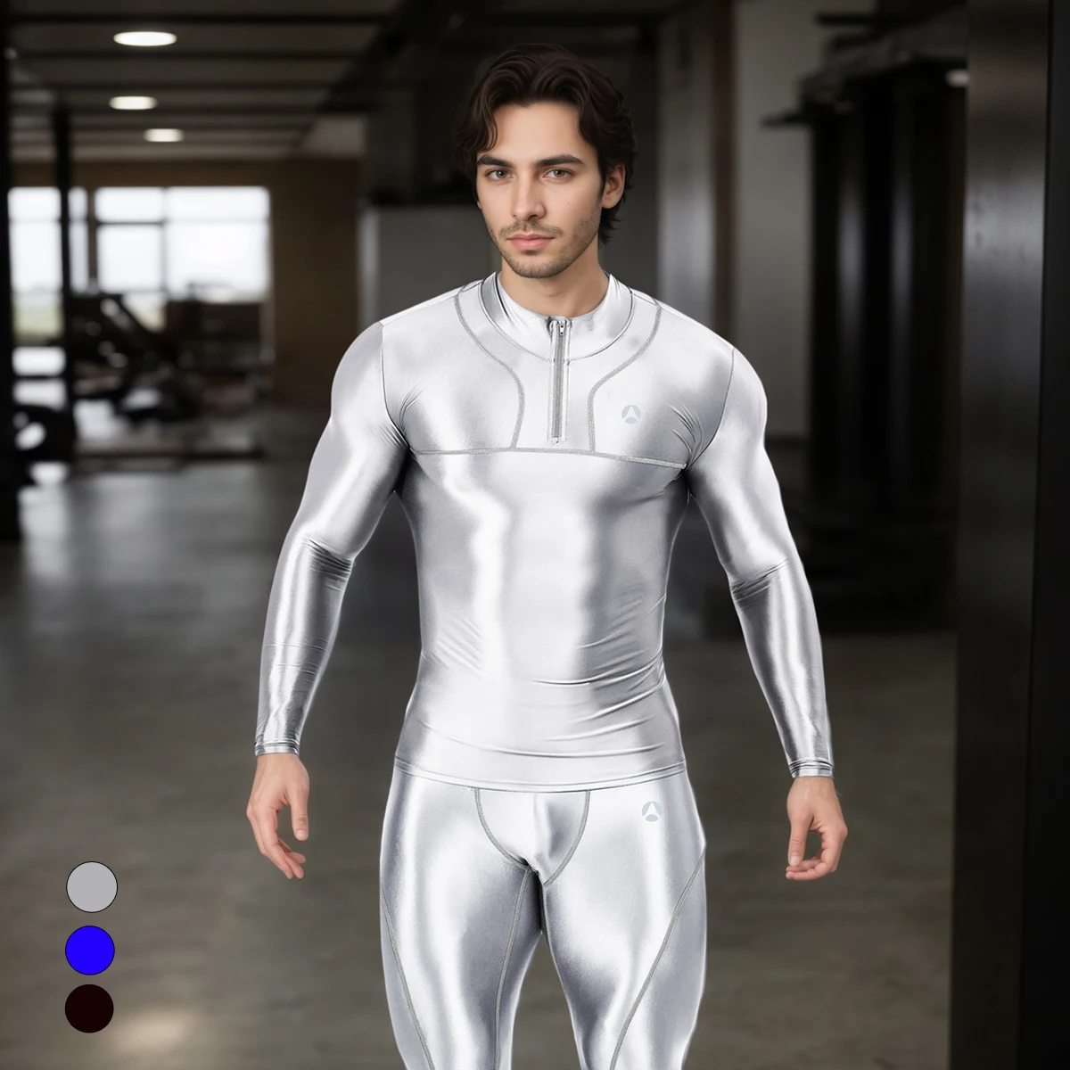 AMORESY Men Oil Glitter Thin Longsleeve Front Zipper Tops Quickdry Breathable Running Cycling Gym T-shirt Sport Tight Undershirt
