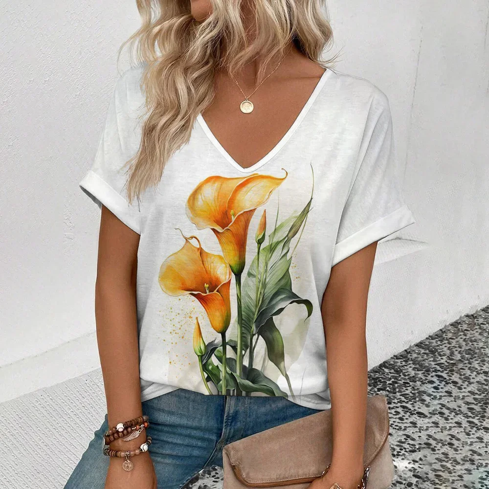 Popular women's V-neck T-shirt White background 3D Printed T-shirt Casual short-sleeved T-shirt 2024 summer fashion T-shirt