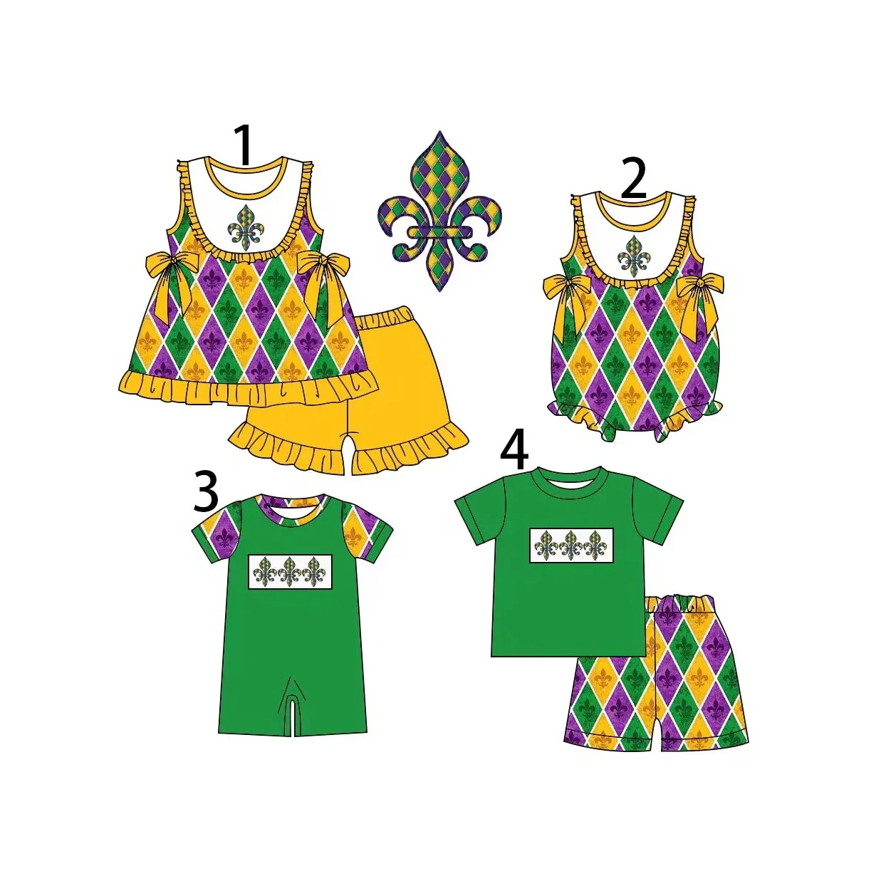 

Mardi Gras collection Girls sleeveless suits boys short sleeve suits baby onesie plaid print siblings wholesale