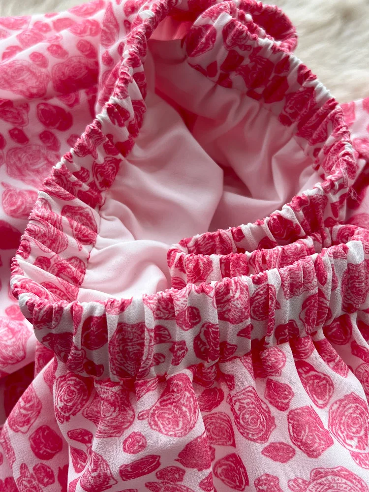 Summer French Vacation Style Chiffon Set Women's Pink Ruffled Flared Sleeves V-neck Shirt Cake Skirt Two-piece Set L15 view 3