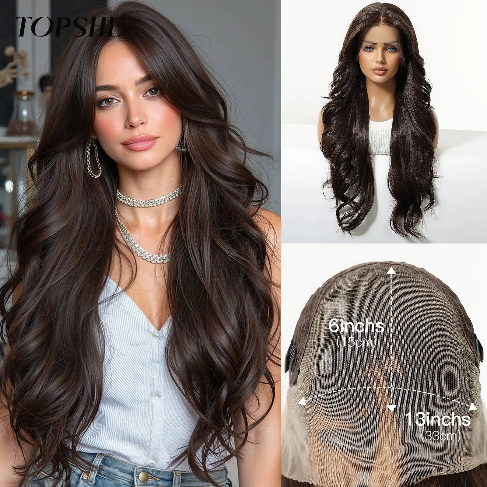 TOPSHE 28 Inch 13x6 Lace Front Synthetic Wig for Women Long Wavy Dark Brown Natural Hairline Heat Resistant Fiber Daily Wigs