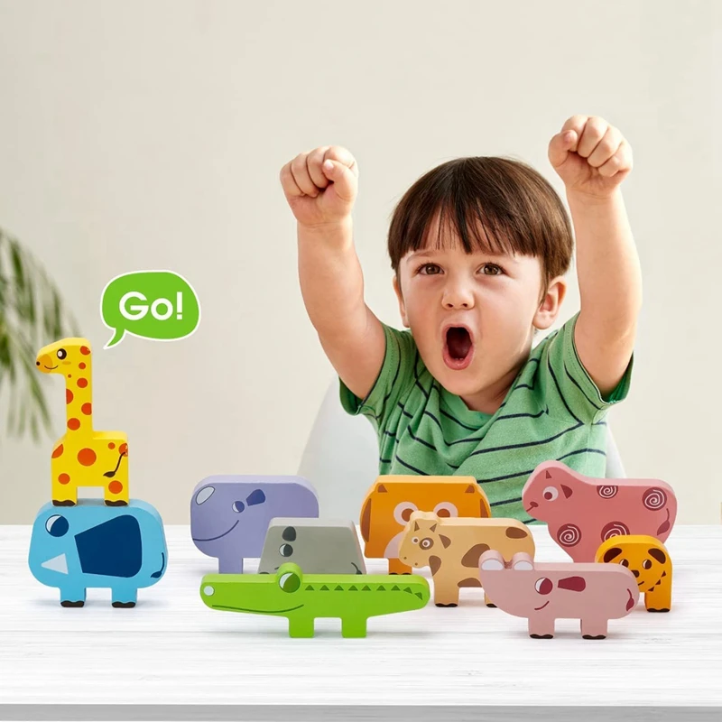 Juguetes de construcción de equipo de madera, juego de bloques apilables, juguetes de equilibrio de animales para niños pequeños, niños y niñas