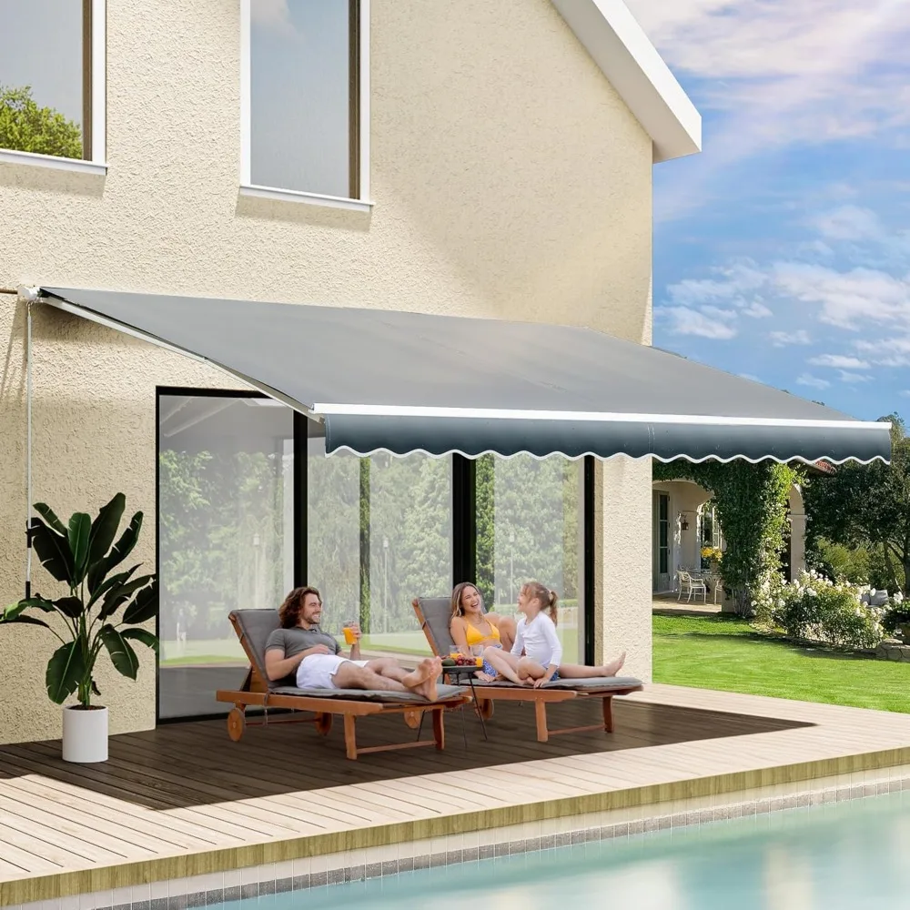 Patio Retractable Awning, Manual Retractable Outdoor Awning Sun Shade Shelter w/Manual Crank Handle for Deck, Backyard, Balcony