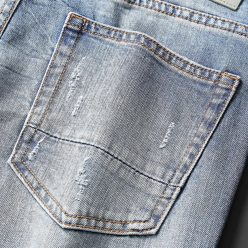 Fashion Streetwear Men Jeans Retro Light Blue Stretch Slim Fit Ripped Jeans Men Patched Designer Hip Hop Denim Pants Hombre