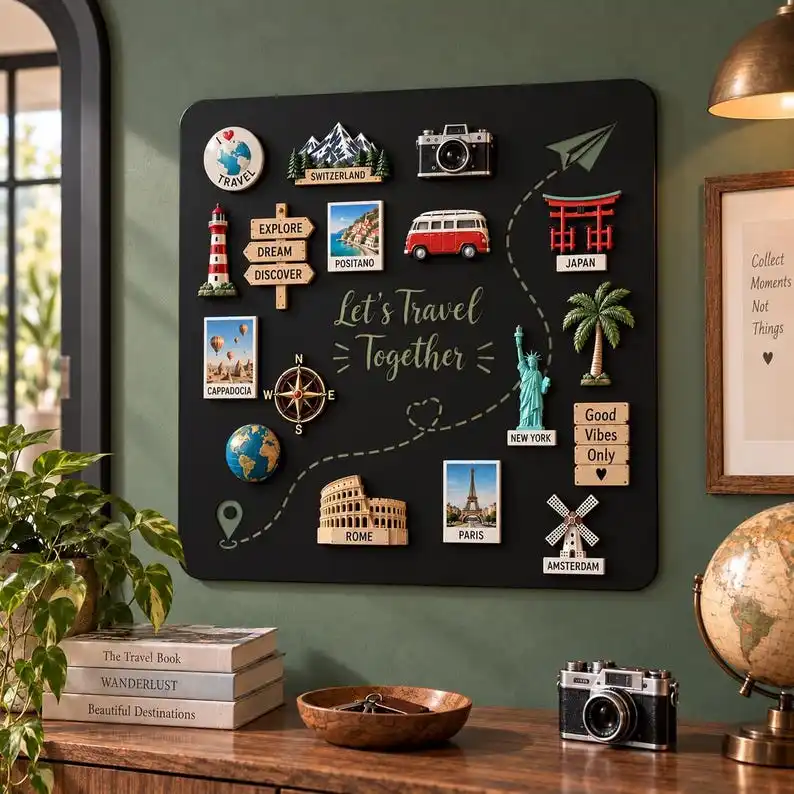 Travel Magnet Board,Large Metal Display Board for Travel Souvenir Magnets,Customizable Keepsake Magnet Wall Panel,Travel Themed