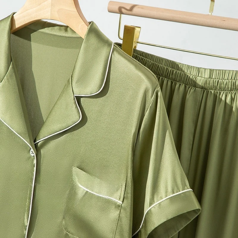 100% Mulberry Silk Pajama Set  19 Momme Soft Elastic Satin Basic Lounge Wear Comfort Style 2 Pieces Turn Down Collar XL SIze