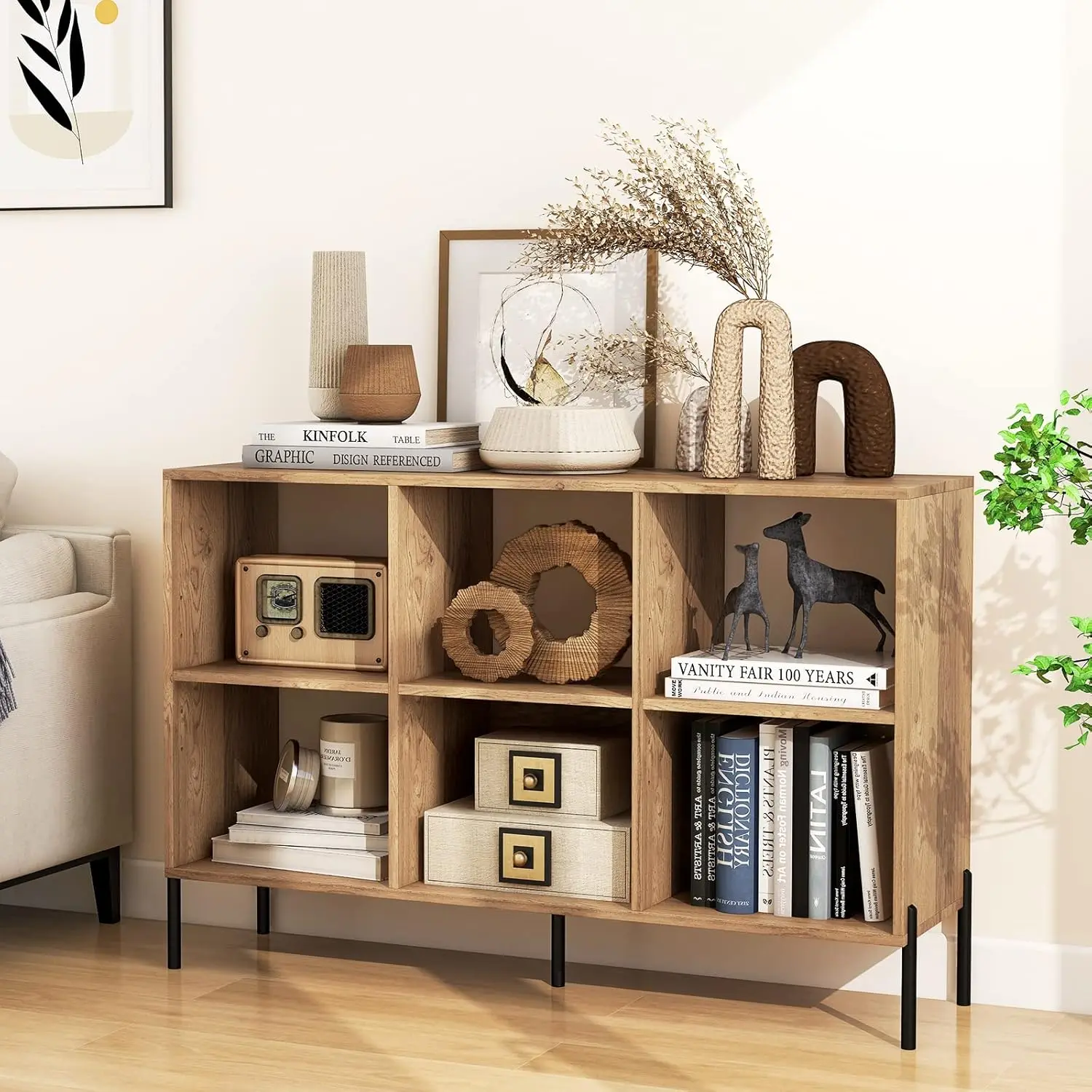 6 Cube Bookshelf, 2-Tier Wood Storage Open Bookcase with Elevated Metal Legs, 5-Position Adjustable Shelf