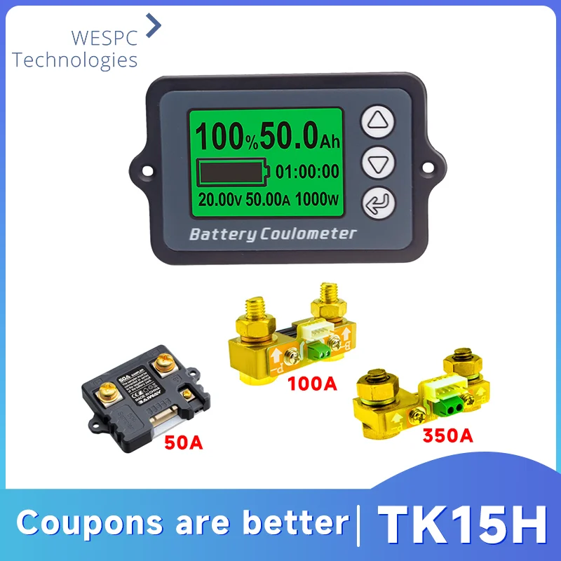 TK15H DC8-120V 50A Battery Coulometer for LiFePO/Lead Professional Precision Battery Tester Coulometer Voltmeter