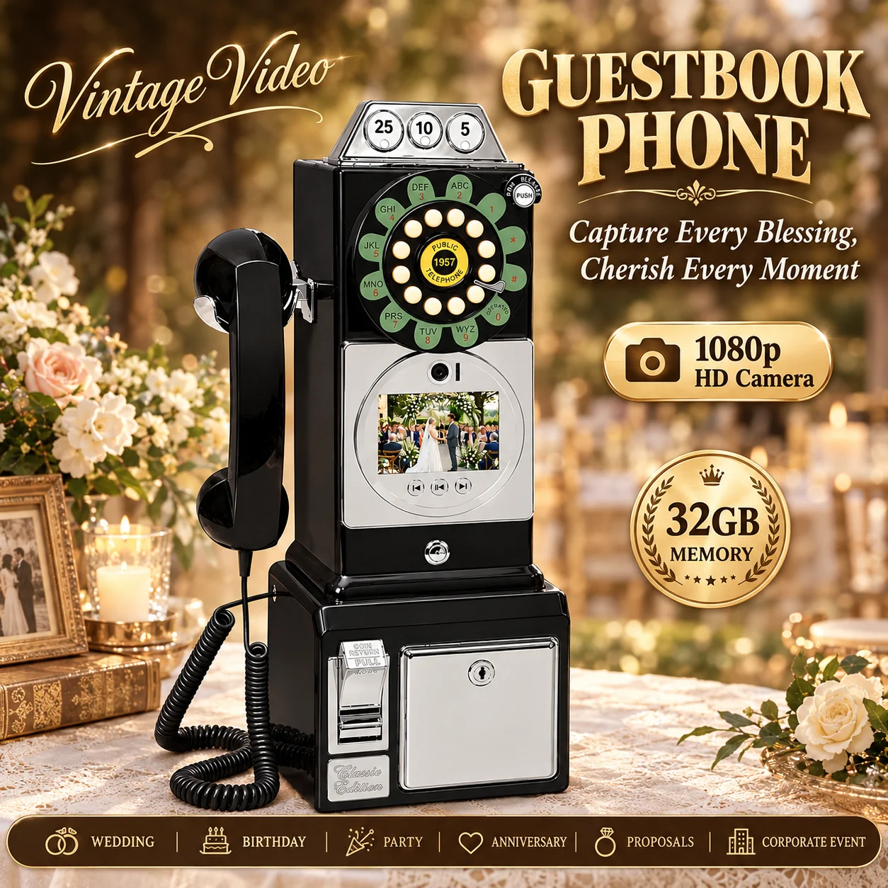 Retro Video GuestBook Telephone Wedding Voice Message Phone Welcome Video Recording 32GB Memory Gift Box for Wedding Birthday