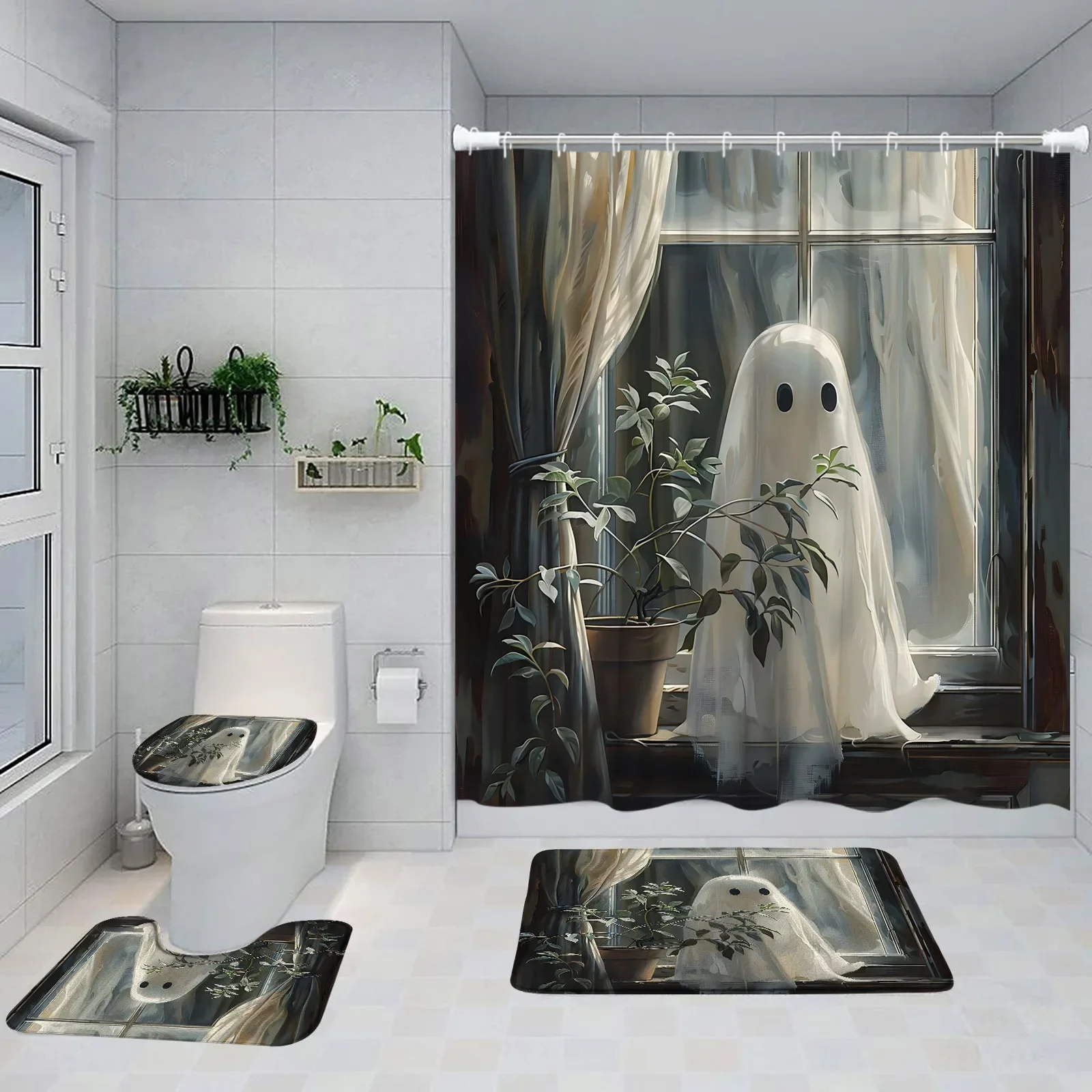 White Ghost Spectre Shower Curtain Set Cute Cartoon Print Halloween Bathroom Decor Kids Child Polyester Bath Curtain with Hook