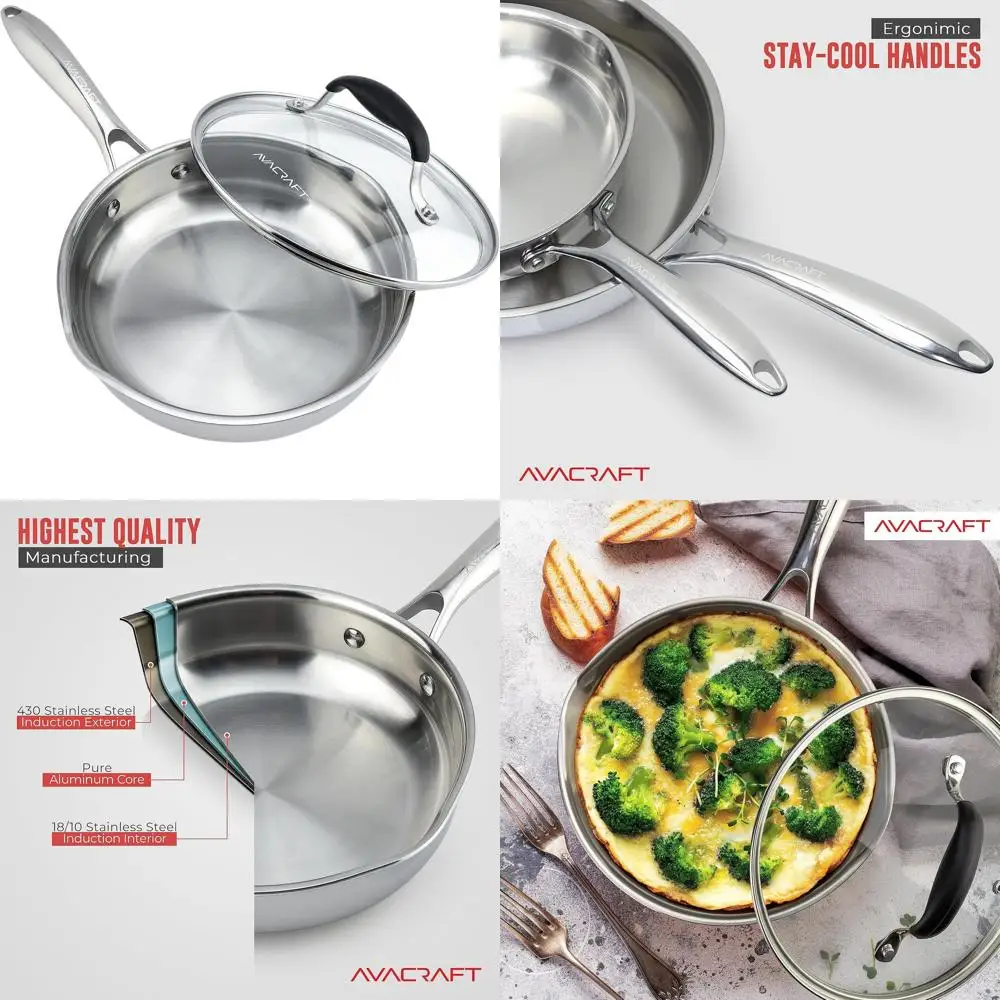 

8 Tri-Ply Stainless Steel Skillet with Lid, Side Pour Spouts, Induction Compatible, Versatile Cookware Pan