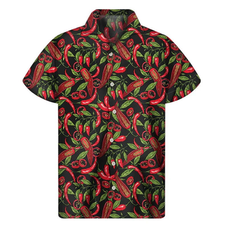 Camisa con estampado 3D de pimiento para hombre, blusa Hawaiana de manga corta con botones, solapa de calle, Verano