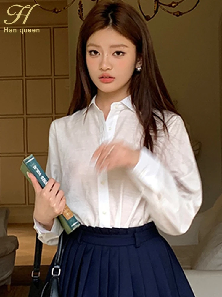 

H Han Queen Autumn Shirt Chic Elegant Loose Office Long Sleeve Casual Tops White Women's Blouses Korean Woman Clothing 2025 New