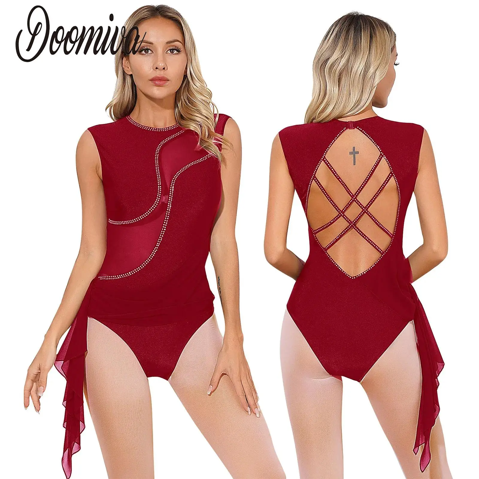 

Adult Ballet Dress Womens Dance Leotard Dancewear Gymnastics Costume with Backless Bodysuit Patchwork Mesh Ice Skating Dancewear