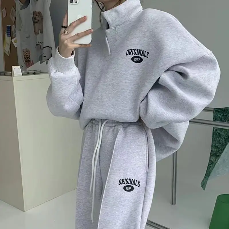 

2025 New Autumn Winter Women's INS Trendy Loose Sports Set Street Style Salty Vibe Thickened Hoodie 2 Piece Outfit