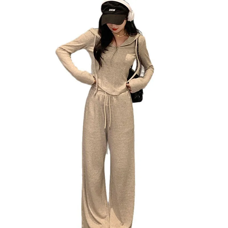 التخسيس مكافحة الشيخوخة المألوف عارضة المرأة الخريف الشتاء مقنعين سليم صالح أعلى السراويل واسعة الساق ملابس رياضية قطعتين مجموعة