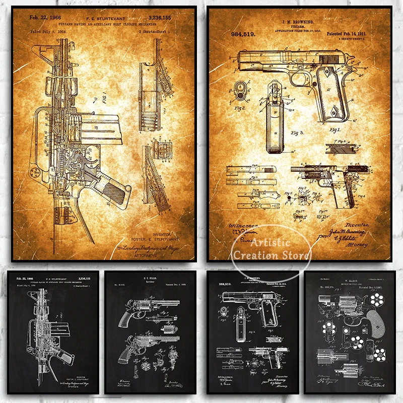 Gun New Patents Pistol 1881 Patent Posters Vintage Black Gold Canvas Painting Print Patent Pictures Living Room Wall Home Decor