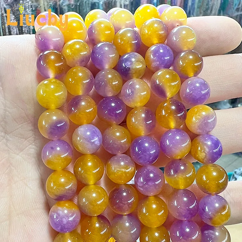 Natural Stone Purple Yellow Chalcedony Agate Smooth beads For Jewelry Making DIY Earrings Rings Accessories 15