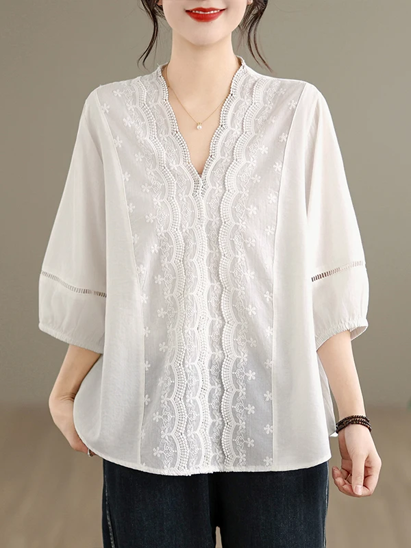 

Элегантная женская блузка с V-образным вырезом, вышивкой и ажурными вставками, однотонная, свободного кроя, больших размеров, летняя новинка, стройнящий топ для повседневной носки