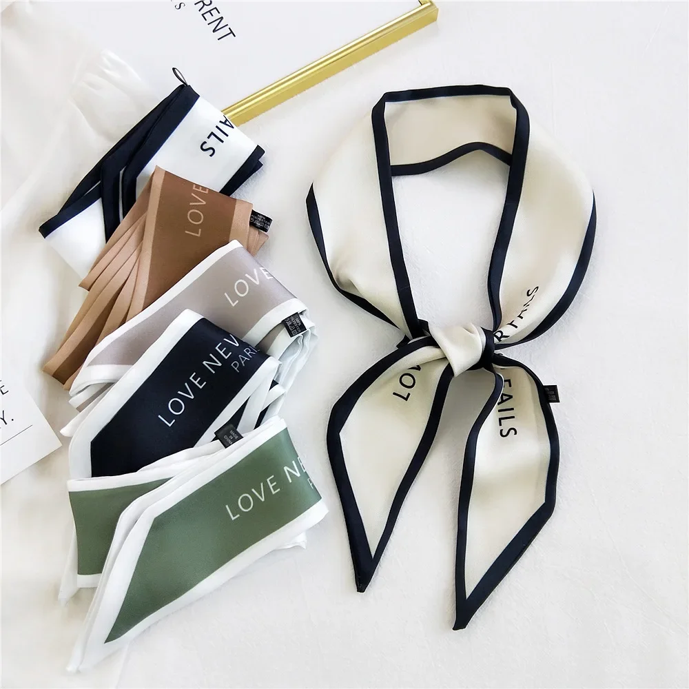 Mode femmes cheveux écharpe français élégant étroit longue écharpe Satin soie nœud papillon lettre impression sac ruban bandeau foulards