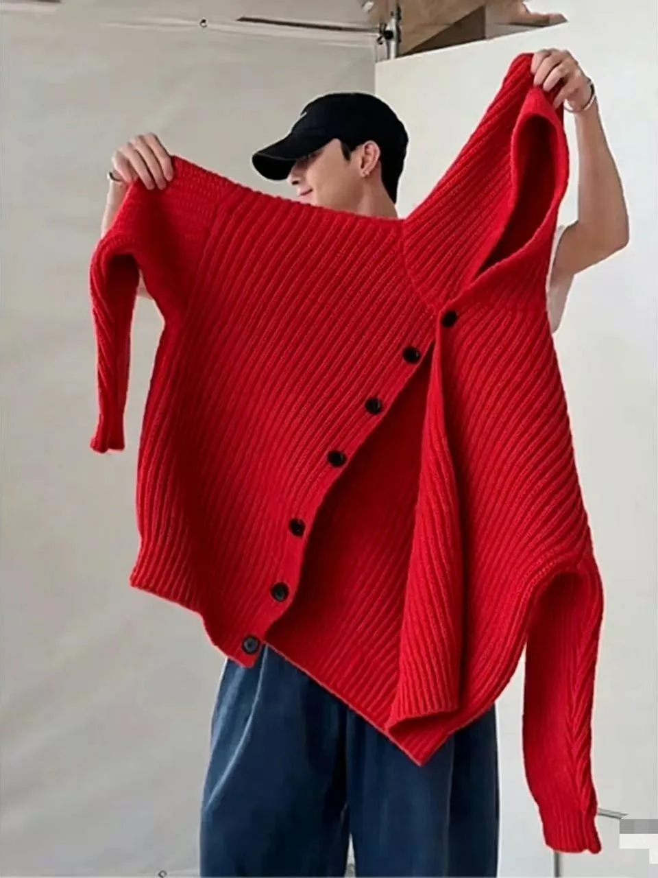 Loose Fit Men's Knitted Hoodie Cardigan Thick Needle Korean Style Warm Long Sleeve Coat Button up Casual Outerwear Top