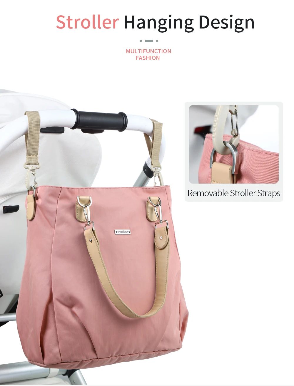 Insular-Bolsa de pañales para bebé, bolso para cambiar pañales multifuncional, estilo cochecito para mamá, bolso de mano para el cuidado del bebé