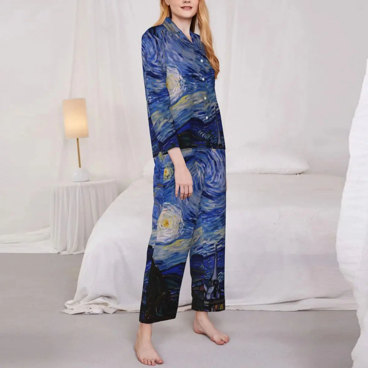 Pajamas Female Vincent Van Gogh Daily Sleepwear The Starry Night 2 Pieces Casual Pajama Sets Long Sleeves Oversize Home Suit