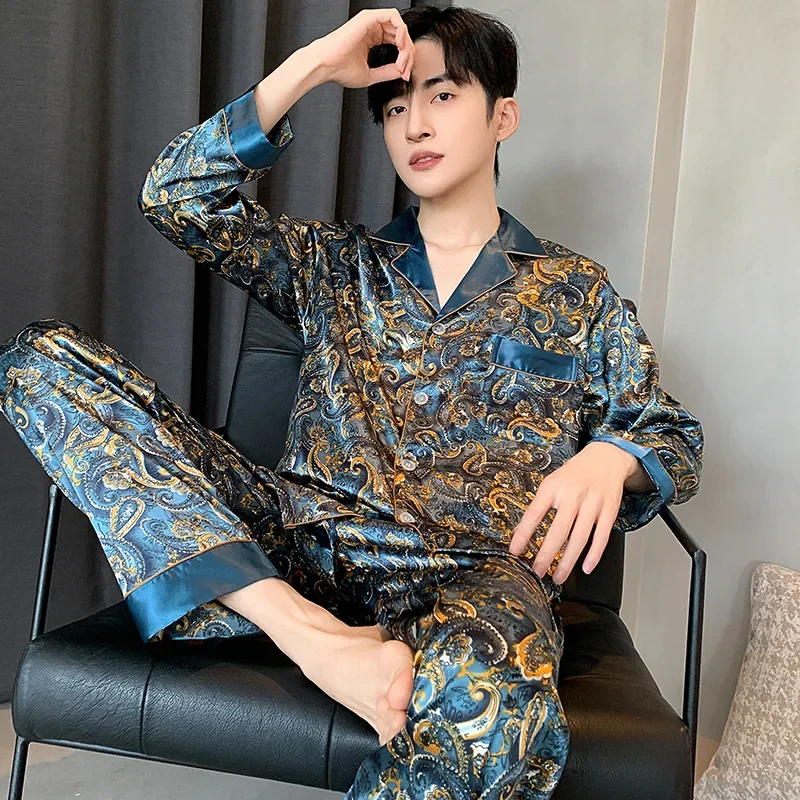 Long Sleeve Mens Stain Silk Pajama Sets Short Sleeve Shorts Men Pijama Printed Pajamas Men Sleepwear Thin Silk Pajama For Men