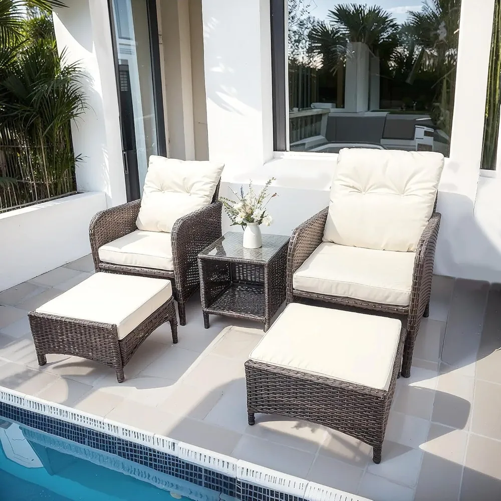 

Outdoor Patio Furniture Set, Patio Lounge Chairs Cushioned Ottoman & Coffee Table - Stylish, Conversation Furniture for Garden