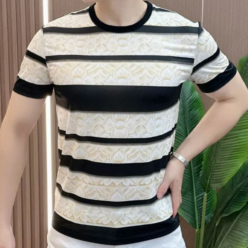 Summer Zipper Style Men Polo Shirt Short Sleeve Men T Shirt Geometry Pattern T-shirt Bottomed Shirt Streetwear Men Polo Shirt