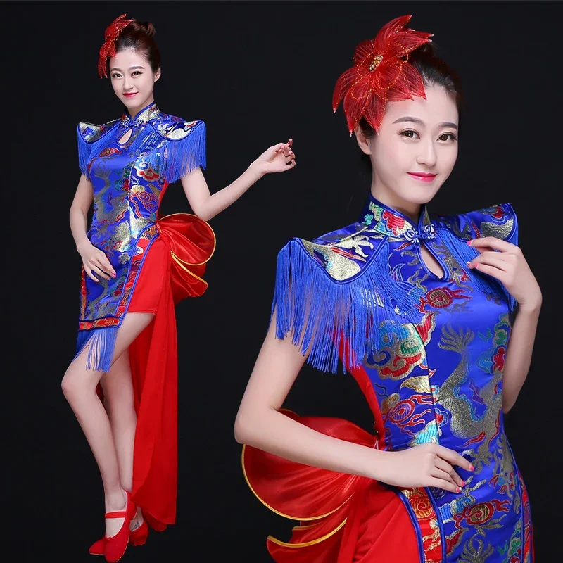 

Chinese Ethnic Suit Drumming Costume Classical Dance Performance Clothing Female Modern Dance Cheongsam Fan Dance Wear