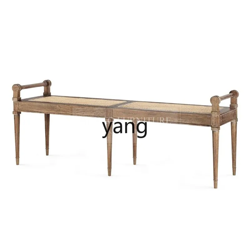 

LTT American medieval solid wood rattan bench bedroom bedside stool entrance entrance entrance shoe changing stool