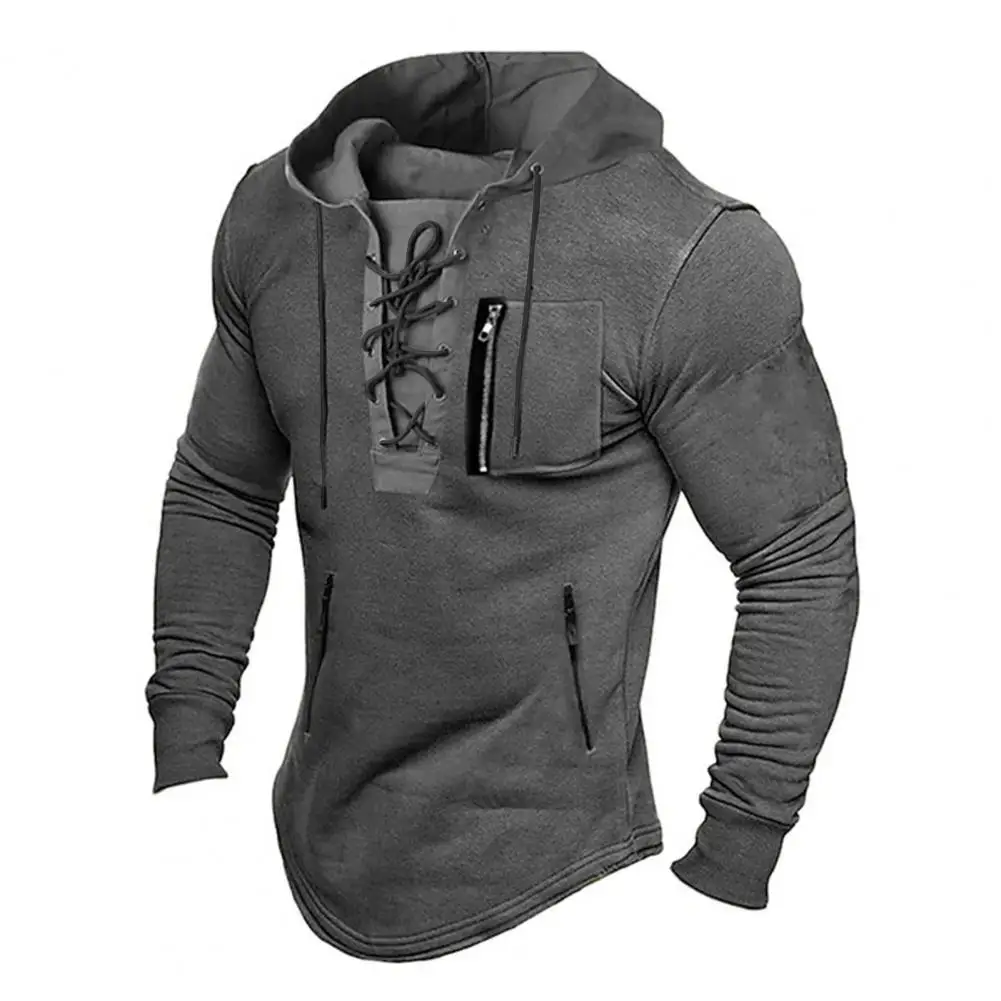 Fall Spring Men Top Mid Length Lace Up Drawstring Men Hoodie Solid Color Long Sleeve Zipper Pockets Pullover Top